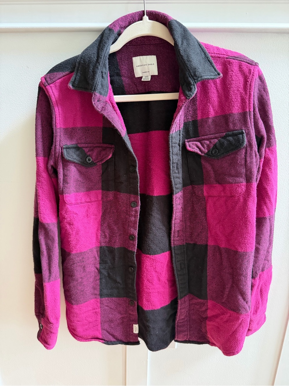 American Eagle Outfitters Magenta and Black Plaid Utility Shacket